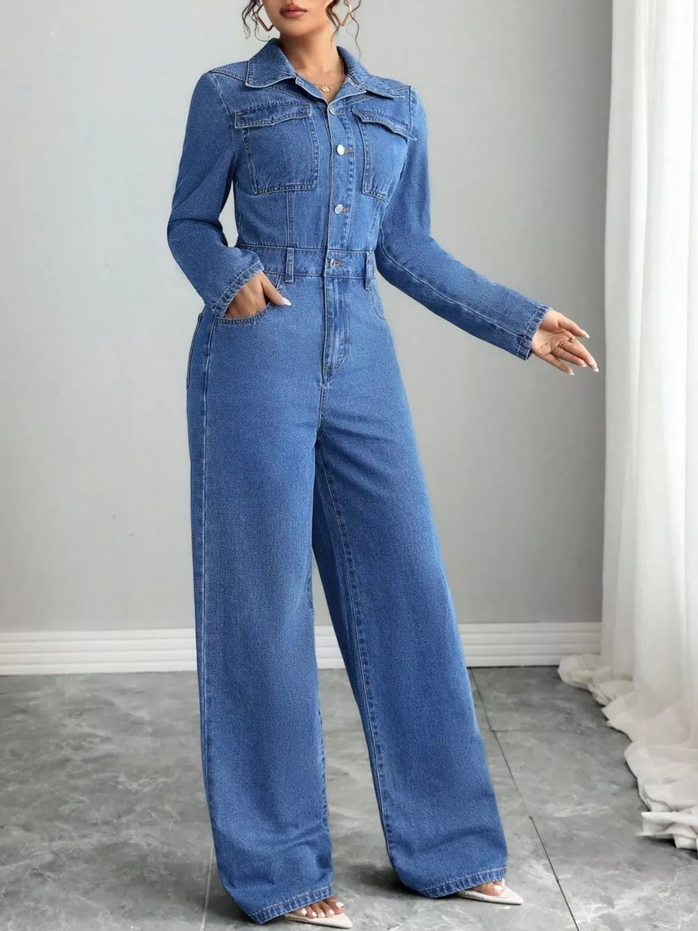 Button Front Long Sleeve Denim Jumpsuit, image 4