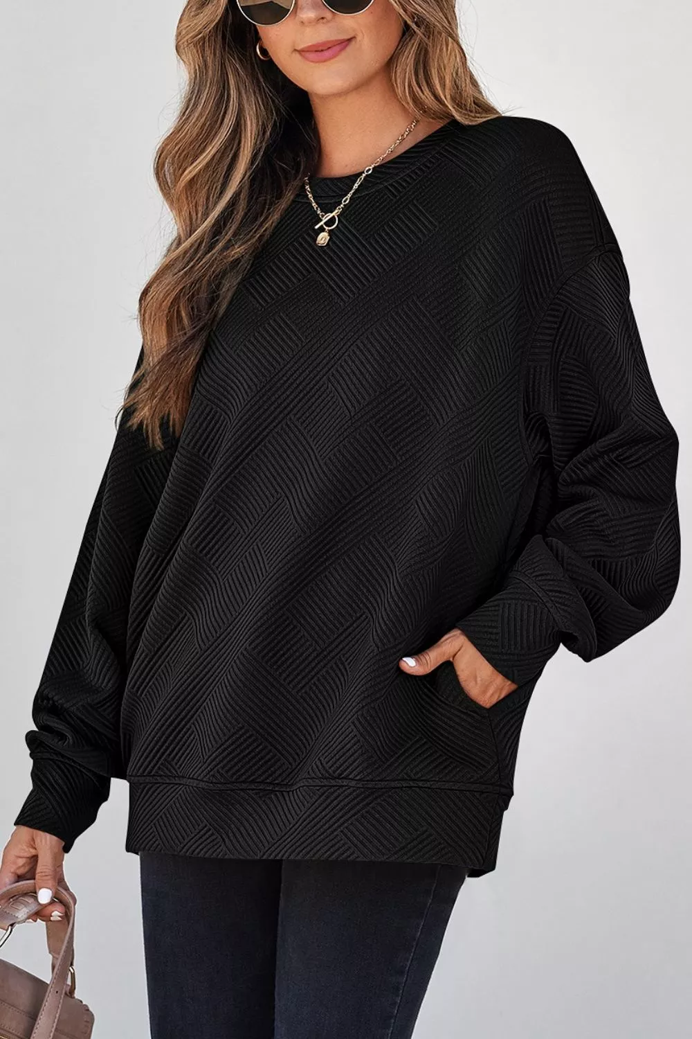 Solid Color Textured Round Neck Drop Shoulder Pullover Sweatshirt, image 4