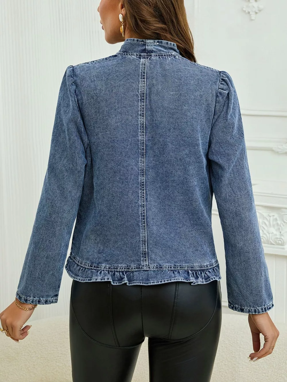 Open Front Ruffled Denim Jacket, image 3