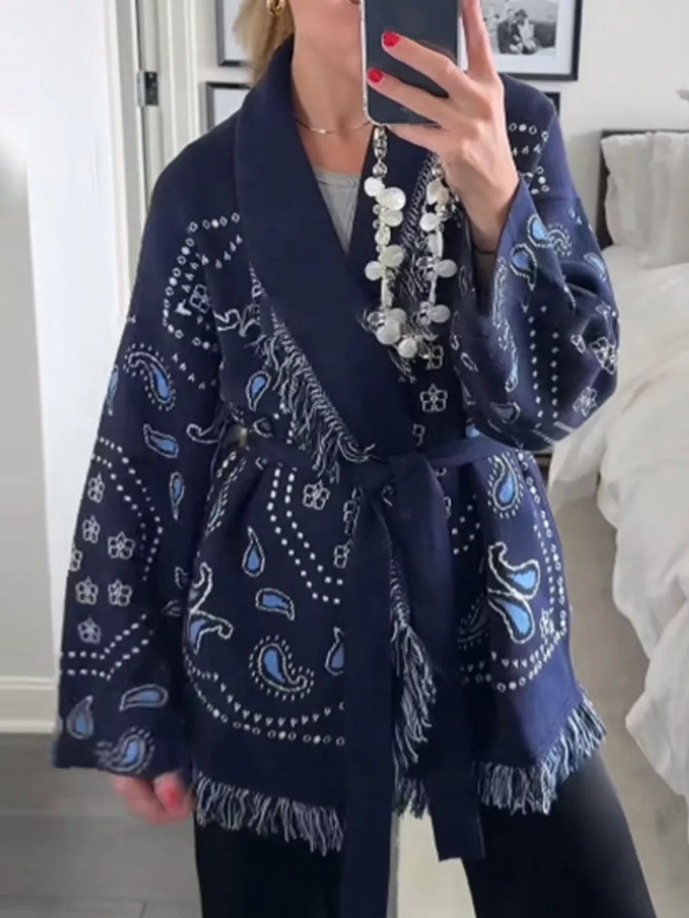 Printed Fringe Long Sleeve Cardigan