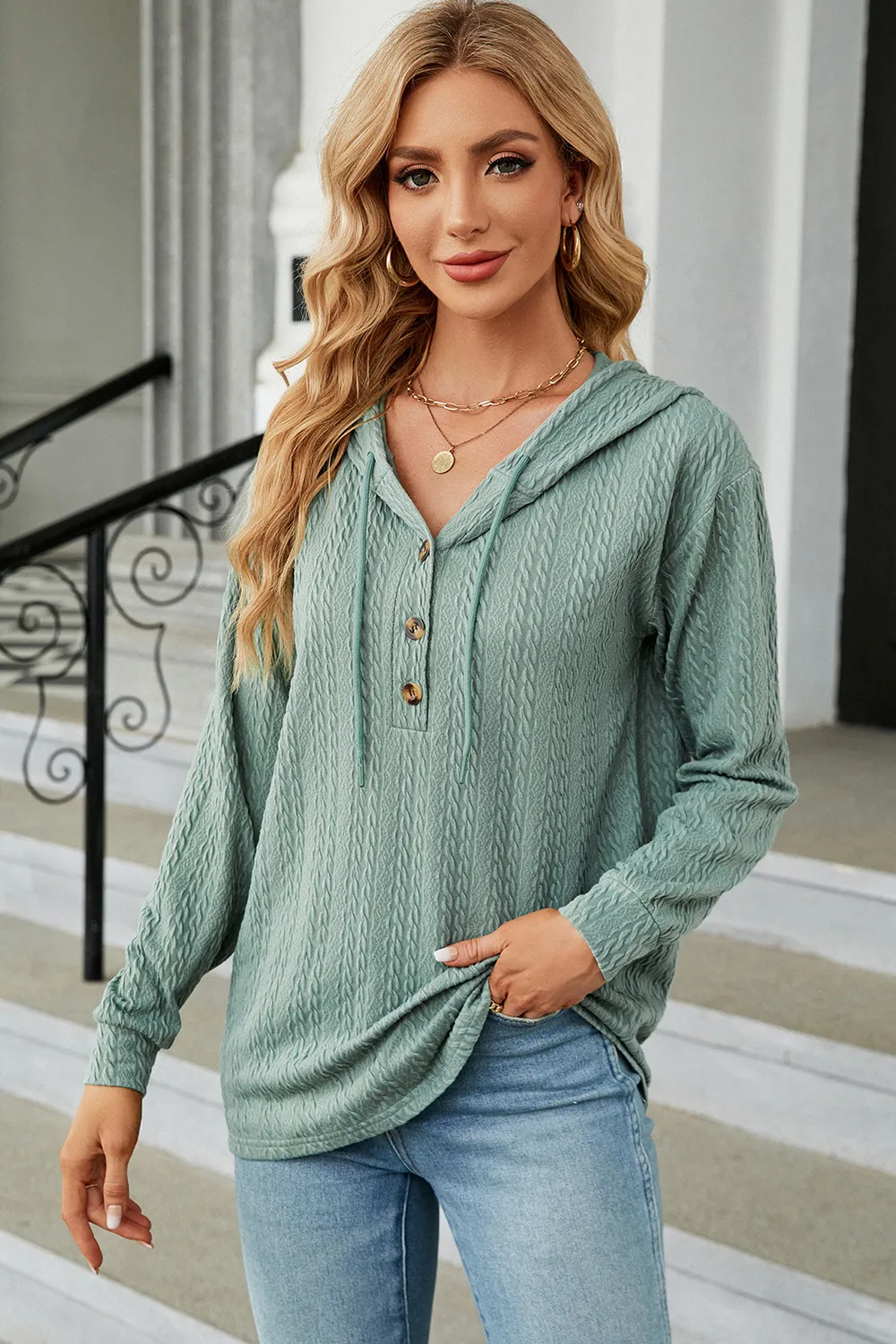 Drawstring Half Button Long Sleeve Hoodie, image 26