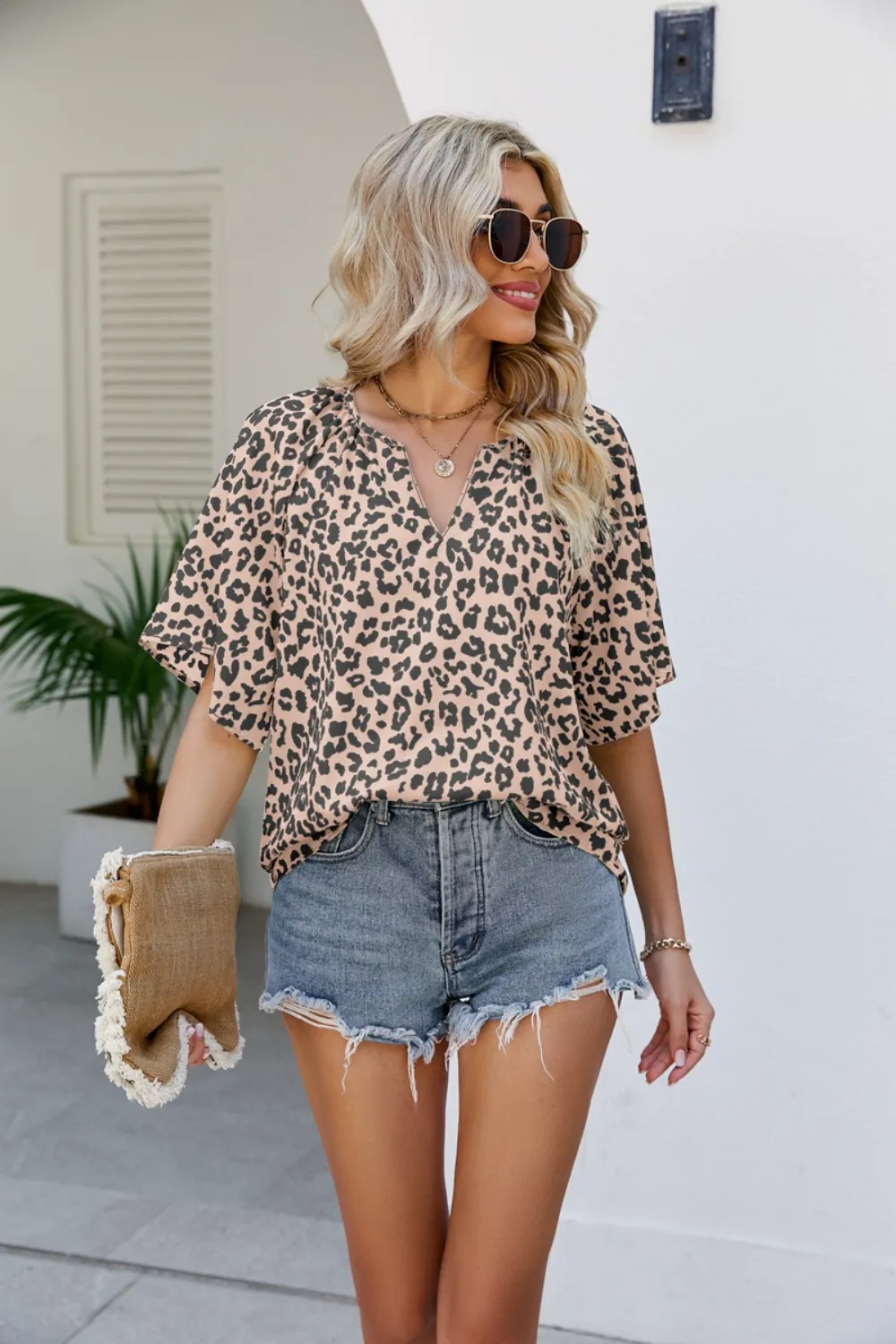 Leopard Notched Half Sleeve Blouse, image 11