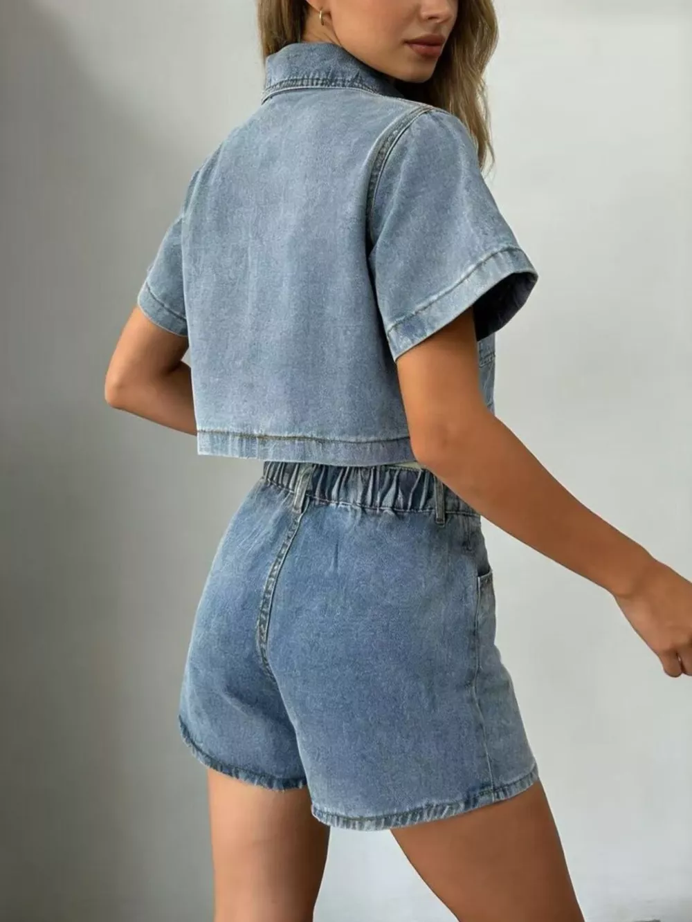 Short Sleeve Cropped Top and Skort Denim Set, image 5
