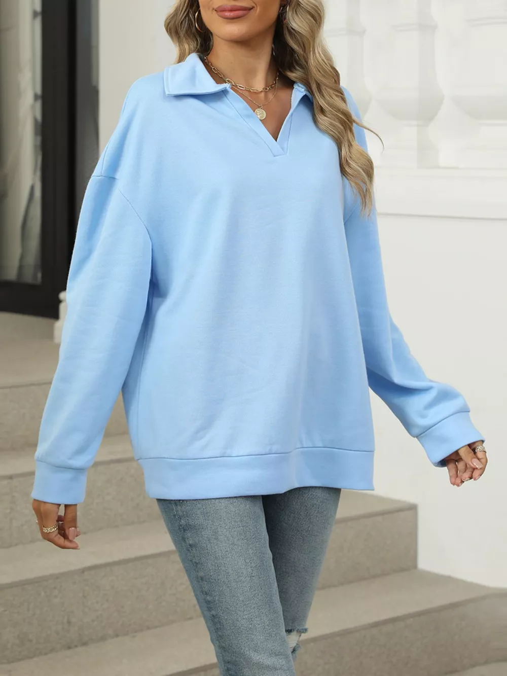Johnny Collar Drop Shoulder Long Sleeve Sweatshirt, image 12