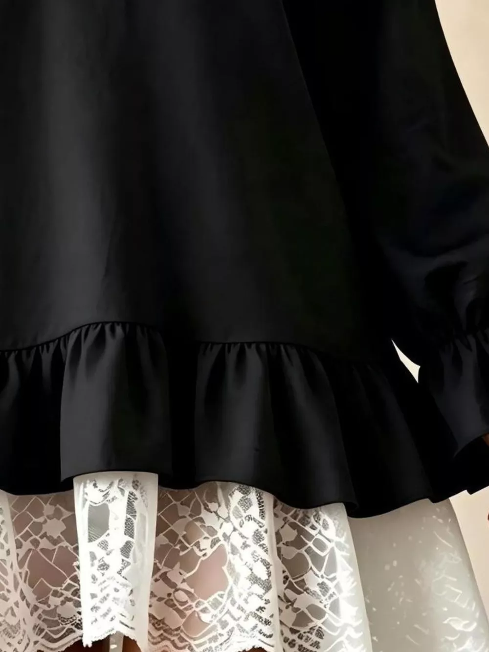 V-Neck Long Sleeve Ruffle Hem Lace Detail Dress, image 2