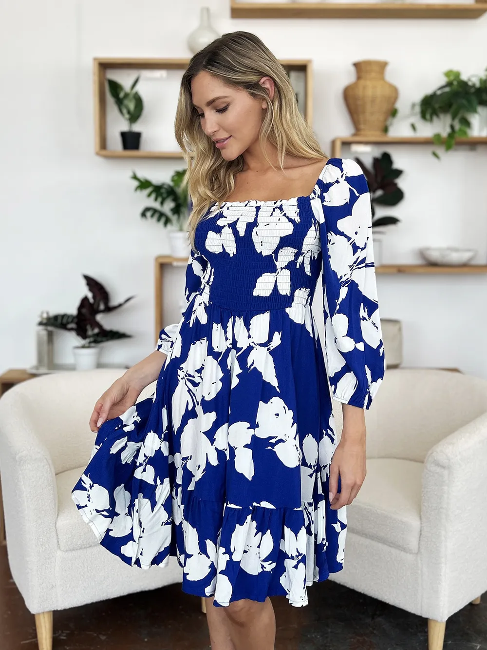 Full Size Floral Ruffle Hem Smocked Dress with Pockets, image 16