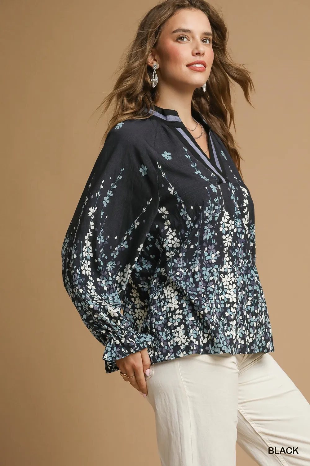 Full Size Floral Vine Print Blouse with Balloon Sleeves Plus Size, image 9