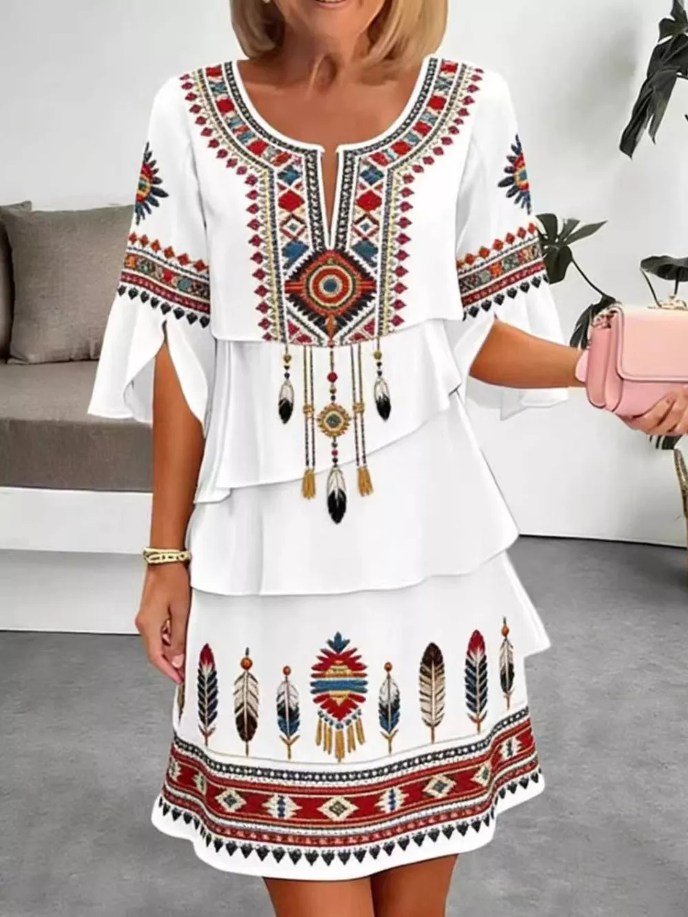 Full Size Printed Notched Ruffled Half Sleeve Dress Plus Size, image 2