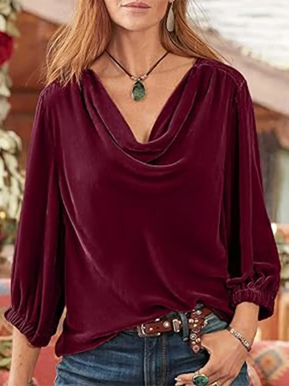 Cowl Neck Three-Quarter Sleeve Top, image 9