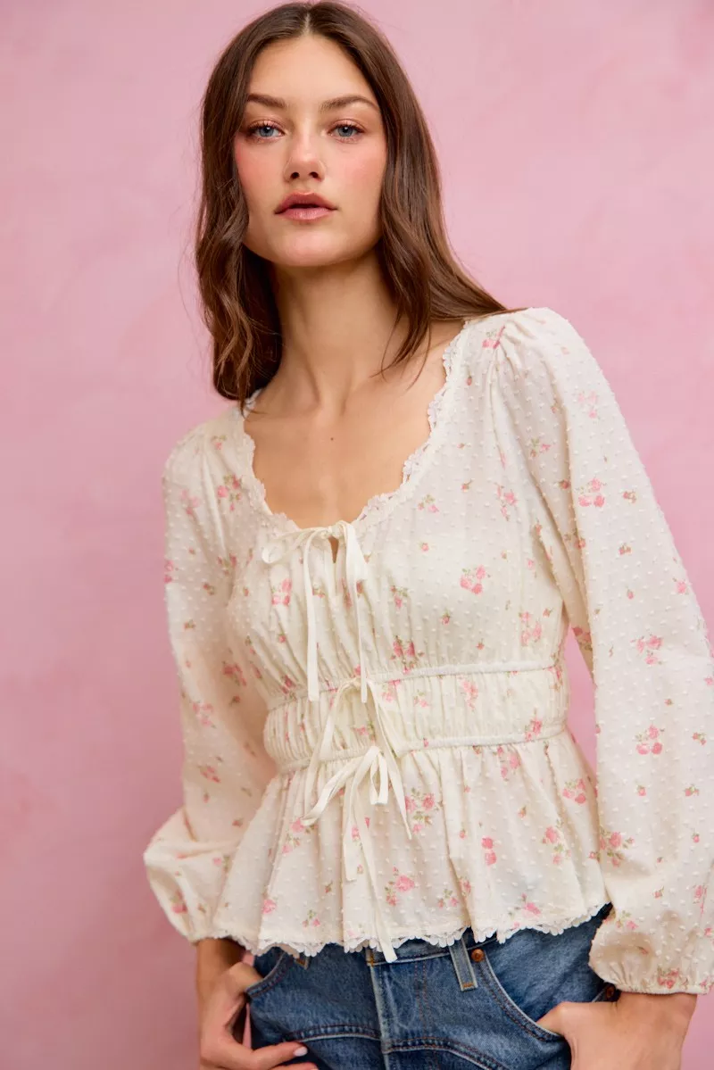 Floral Clip Dot Lace Trim Ruched Bodice Blouse, image 15