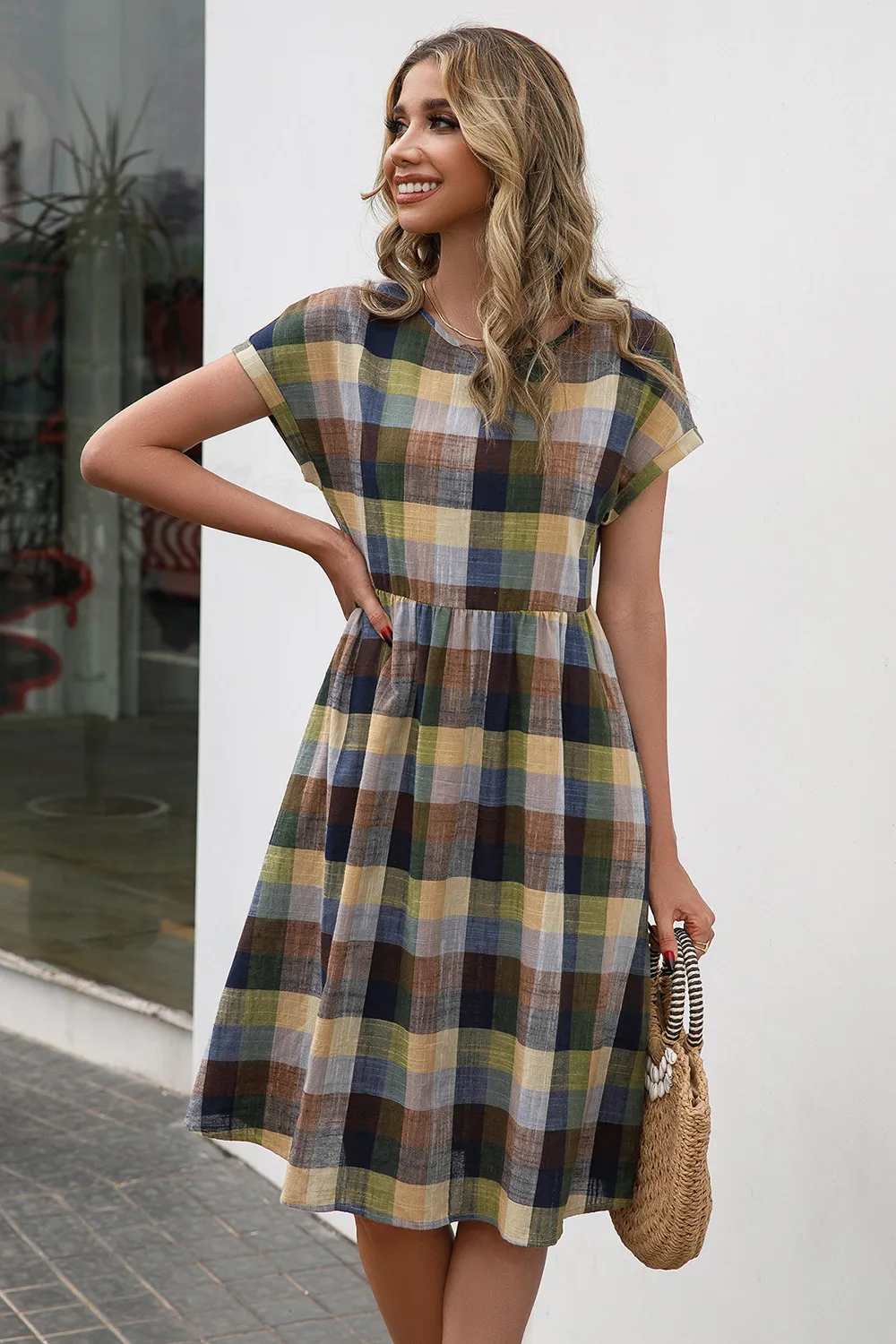 Plaid Round Neck Cap Sleeve Dress, image 10