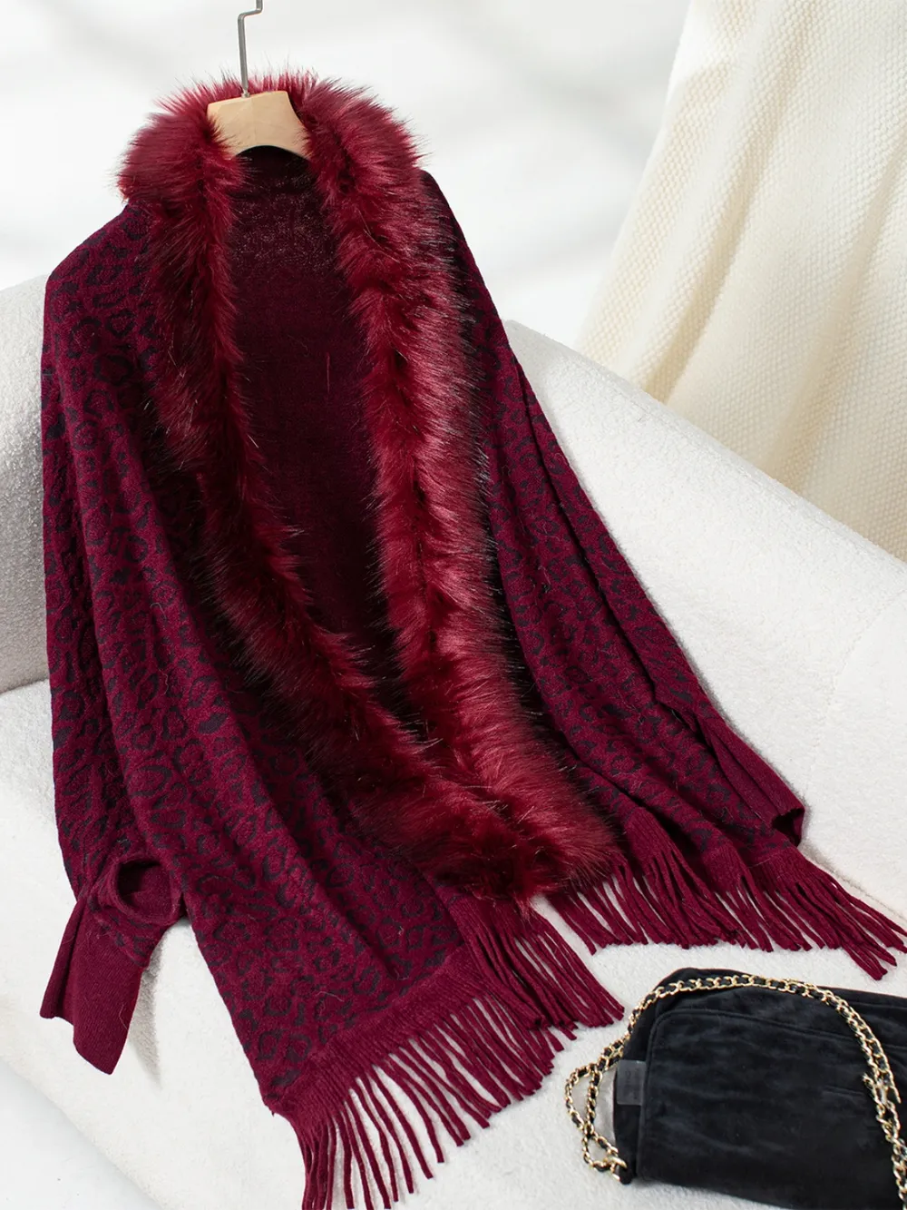Fringe Leopard Open Front Long Sleeve Poncho, image 11