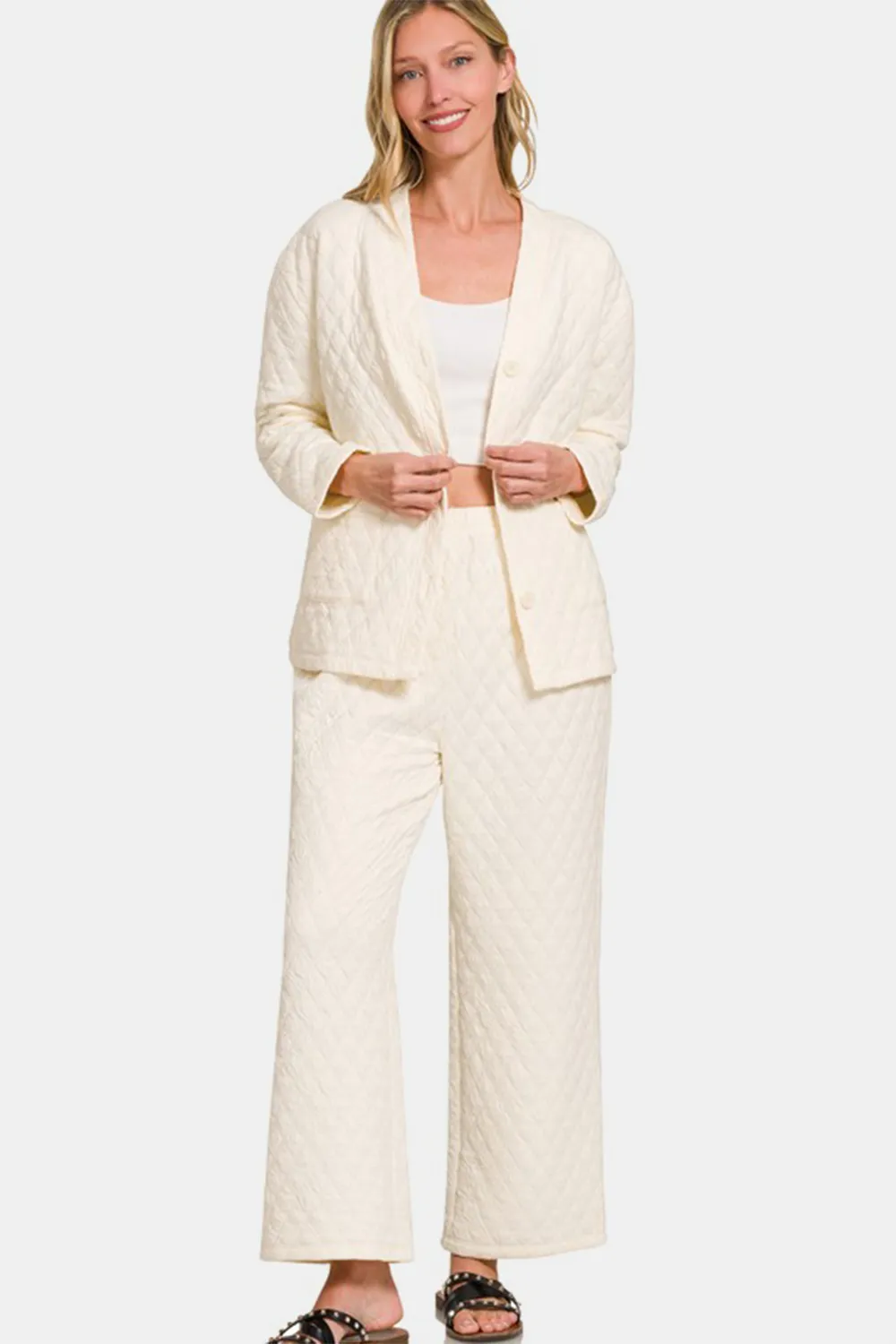 Quilted Button Up Long Sleeve Top and Pants Lounge Set, image 3