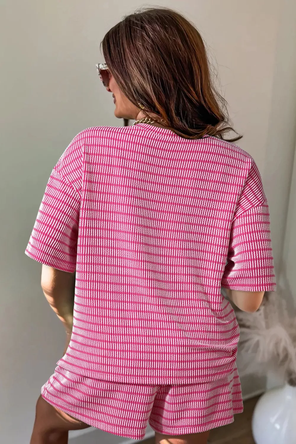 Stripe Raised Rib Loose Tee Drawstring Elastic Waist 2pcs Short Set, image 2