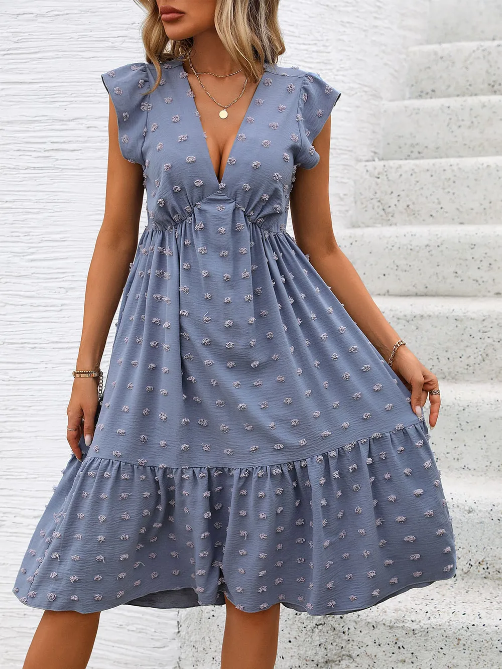 Swiss Dot V-Neck Cap Sleeve Dress, image 6