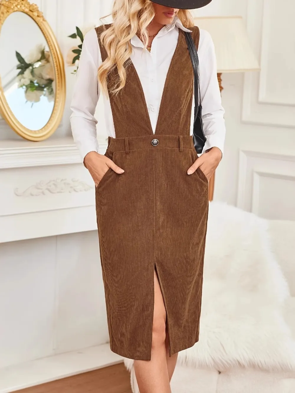 Front Slit Overall Dress with Pockets, image 2