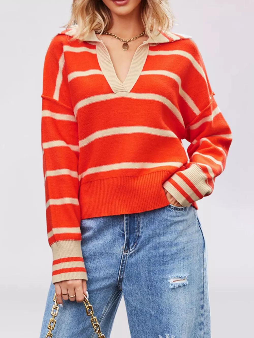 Striped Johnny Collar Dropped Shoulder Sweater, image 2