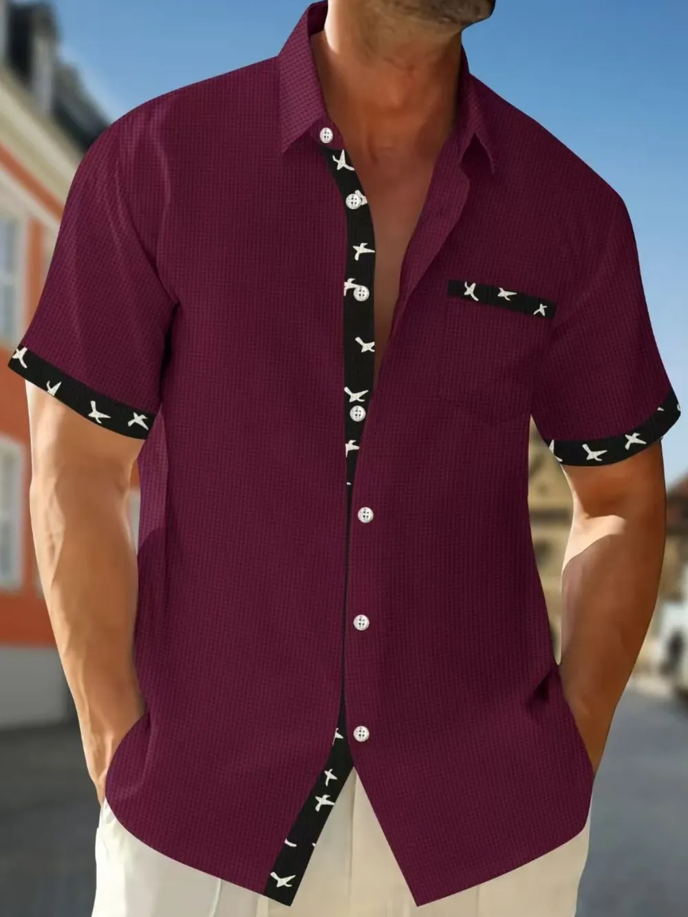 Men's Full Size Contrast Trim Waffle Knit Short Sleeve Shirt Plus Size, image 2
