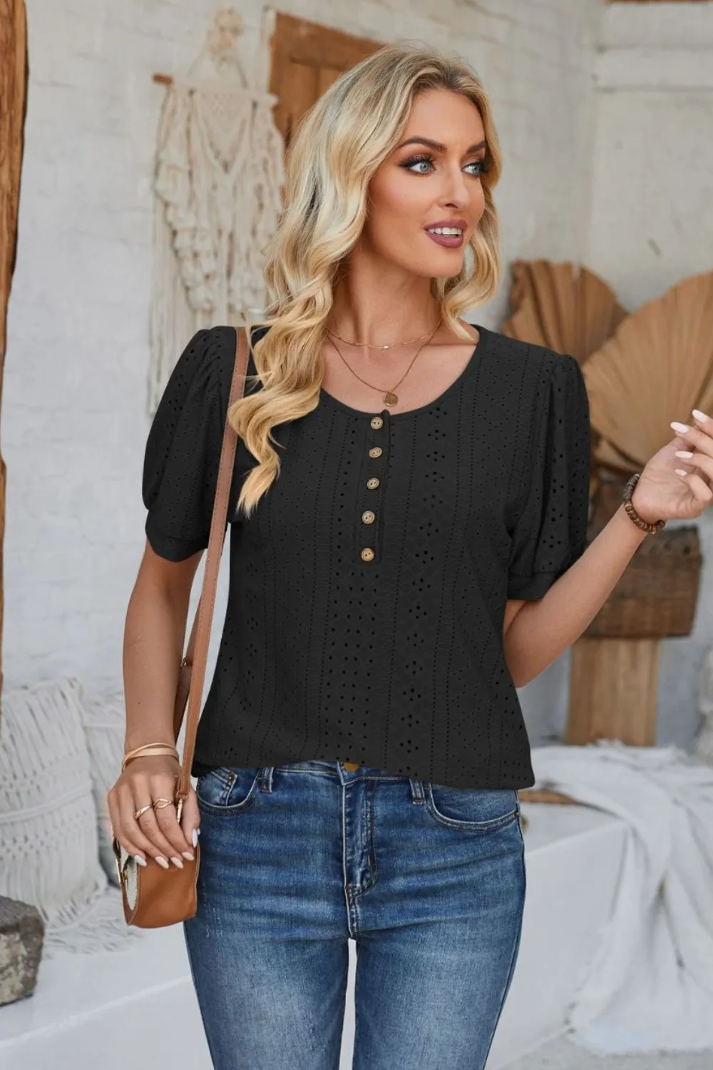 Eyelet Round Neck Short Sleeve Blouse, image 4