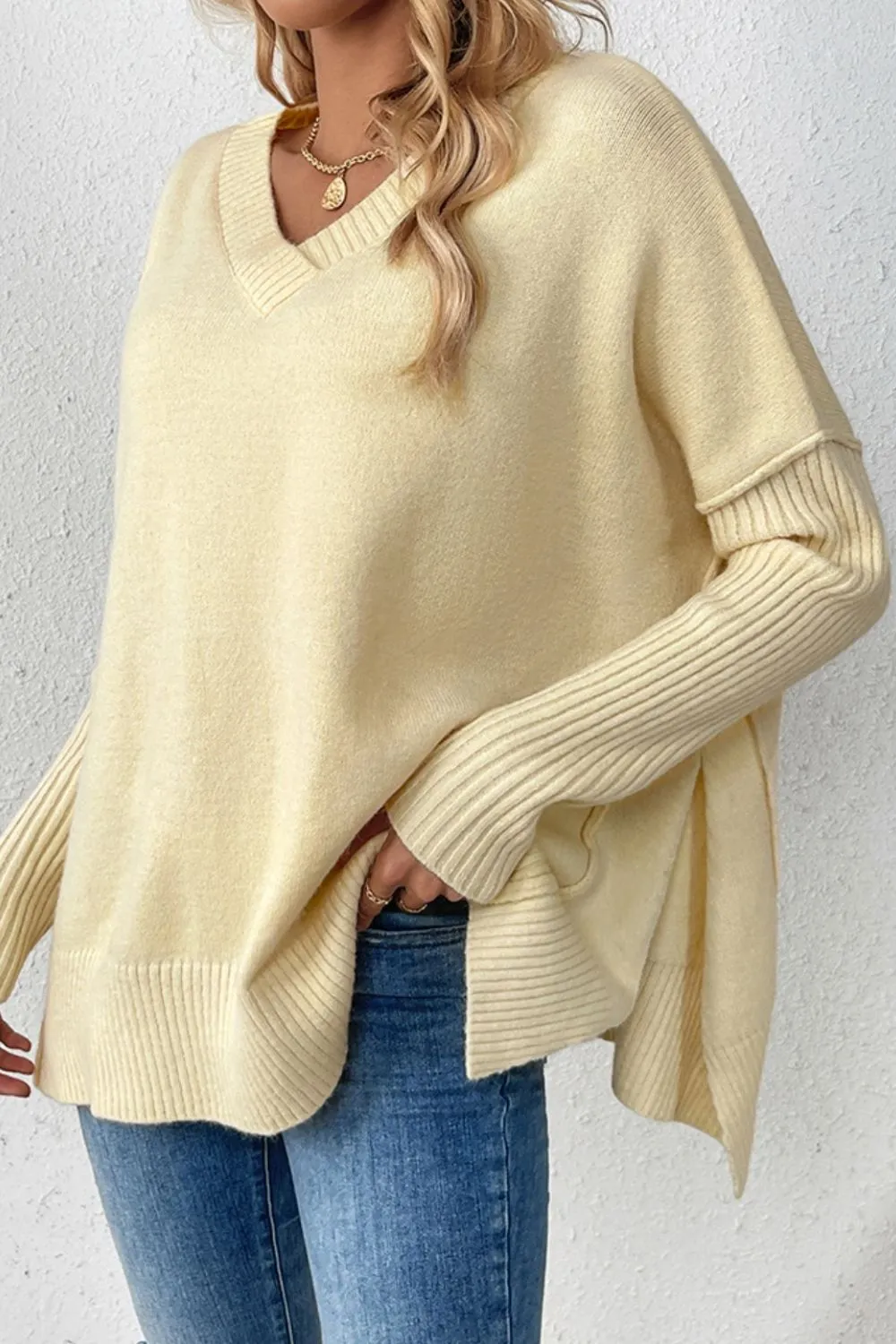Slit V-Neck Dropped Shoulder Sweater, image 5
