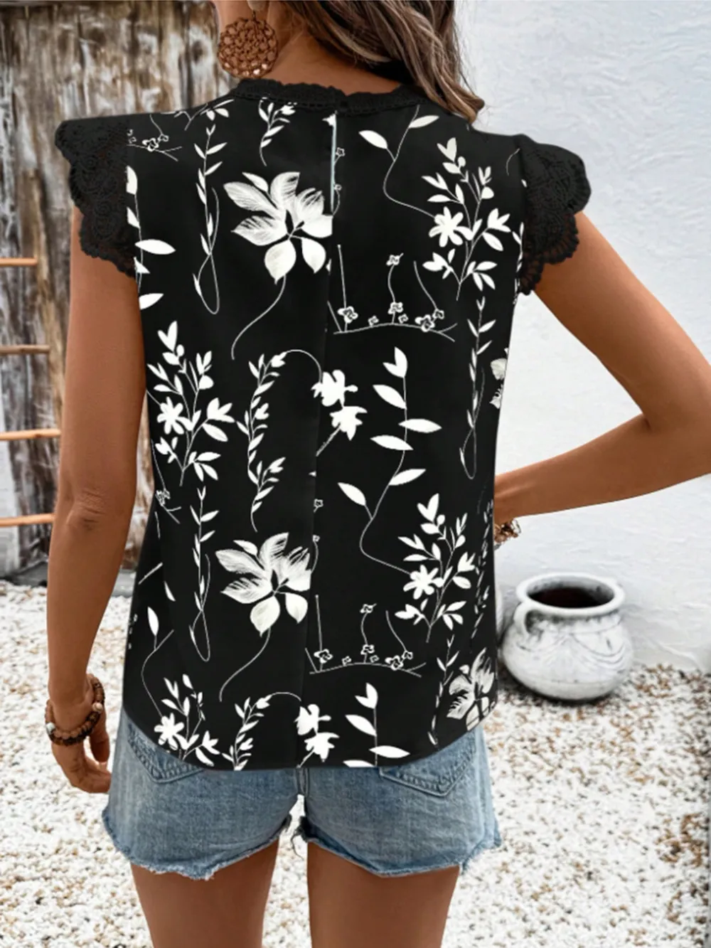 Lace Detail Printed Cap Sleeve Blouse, image 3