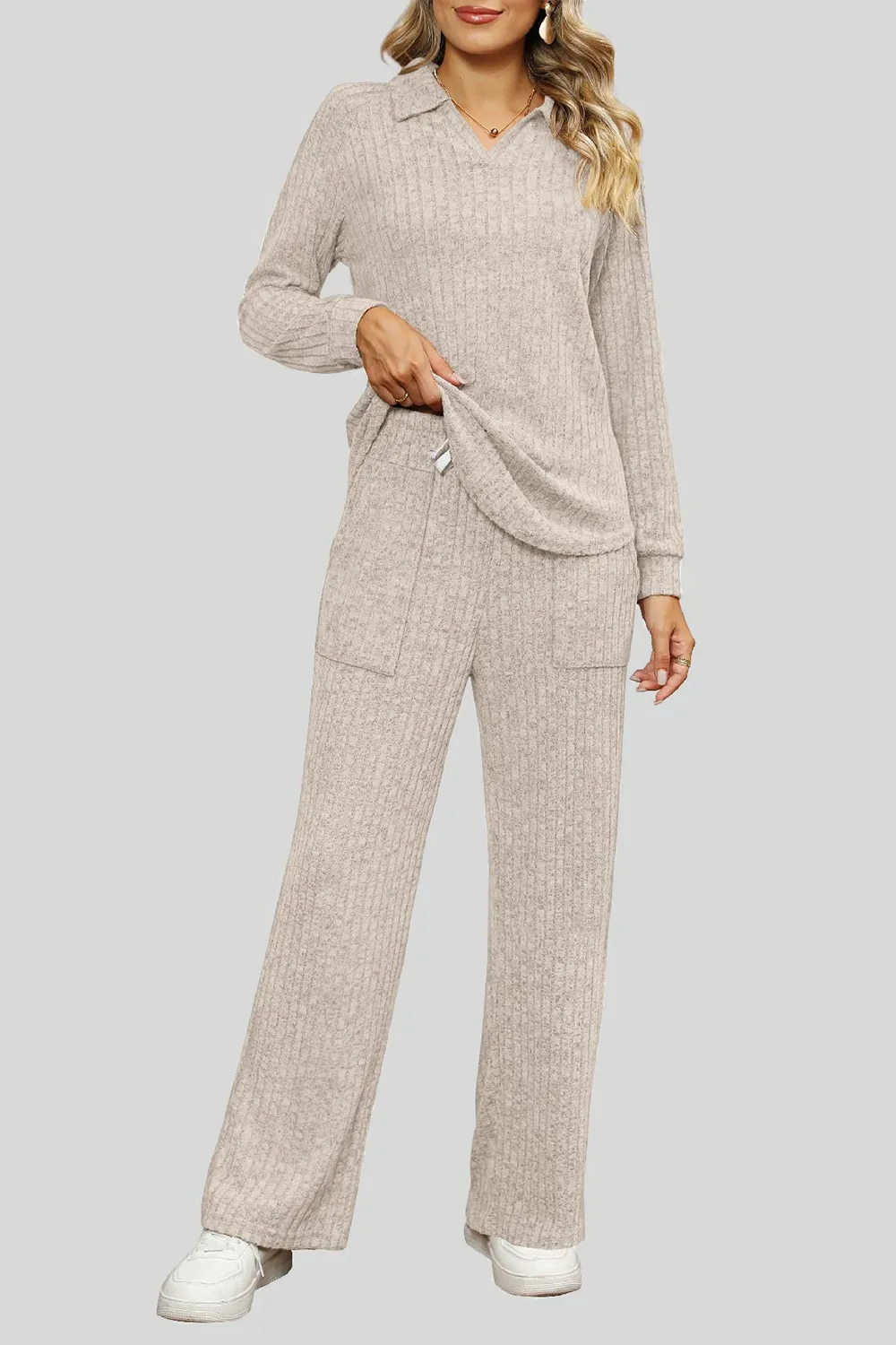 Ribbed Long Sleeve Top and Pocketed Pants Set, image 10