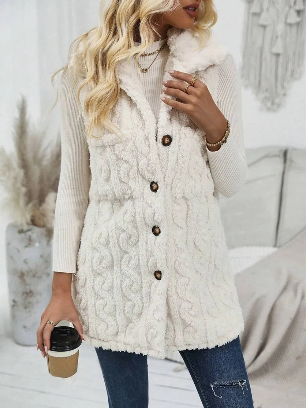 Fuzzy Button Up Vest Coat, image 3