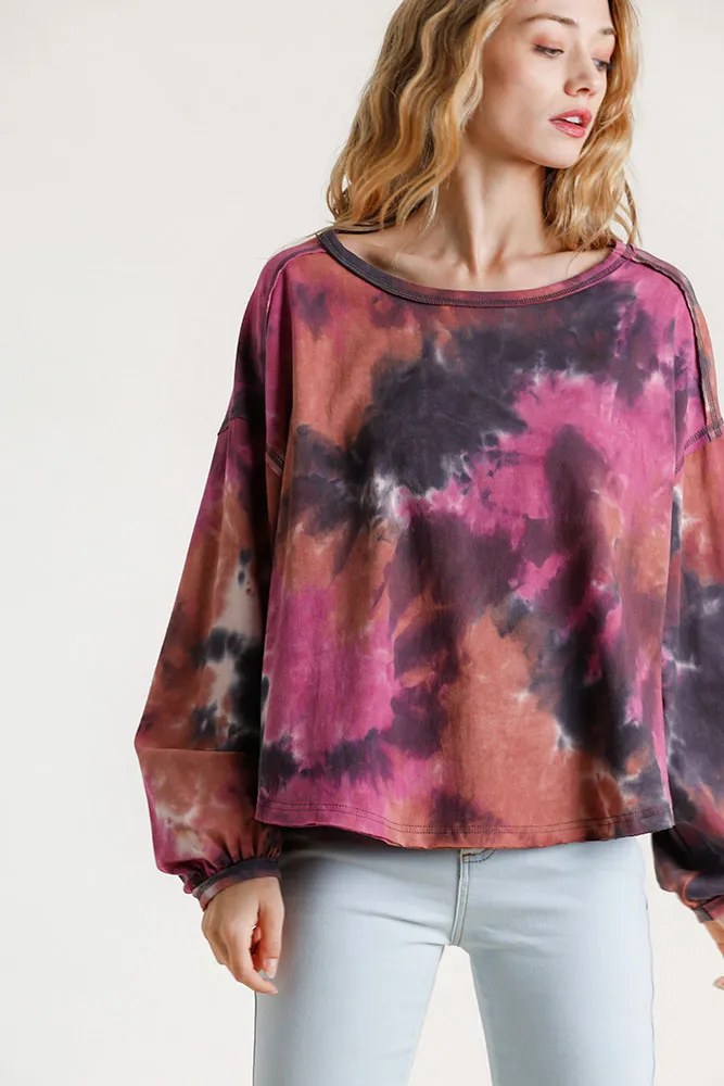 Full Size Tie Dye Round Neck Long Balloon Sleeve Top Plus Size