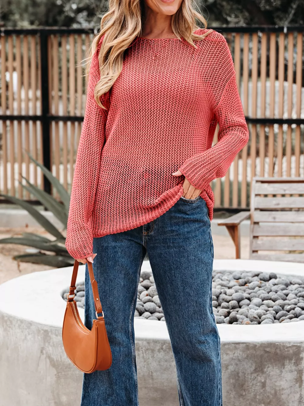Crochet Hollow Out Long Sleeve Knit Top, image 5
