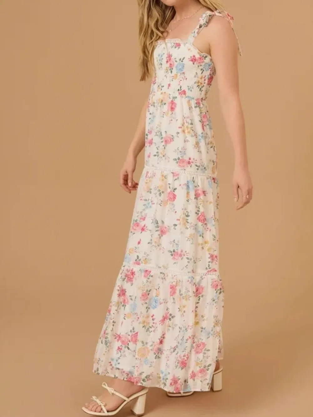Floral Smocked Tiered Maxi Dress with Tie Straps, image 5