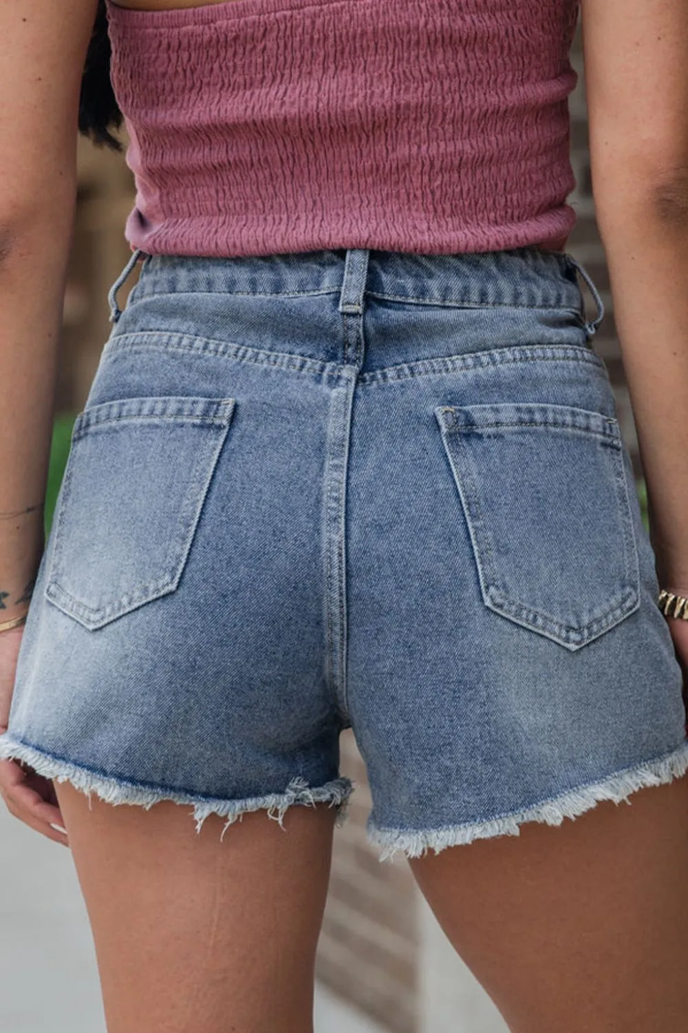 Pearl Beaded Raw Hem Wash Denim Shorts, image 12