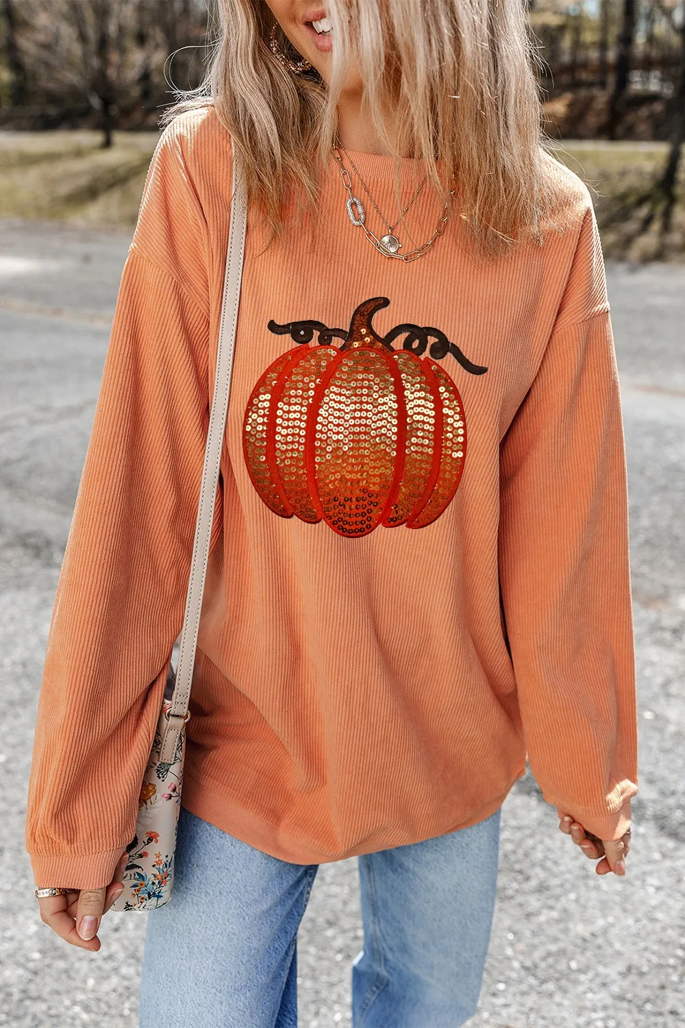 Sequin Pumpkin Round Neck Long Sleeve Sweatshirt, image 6