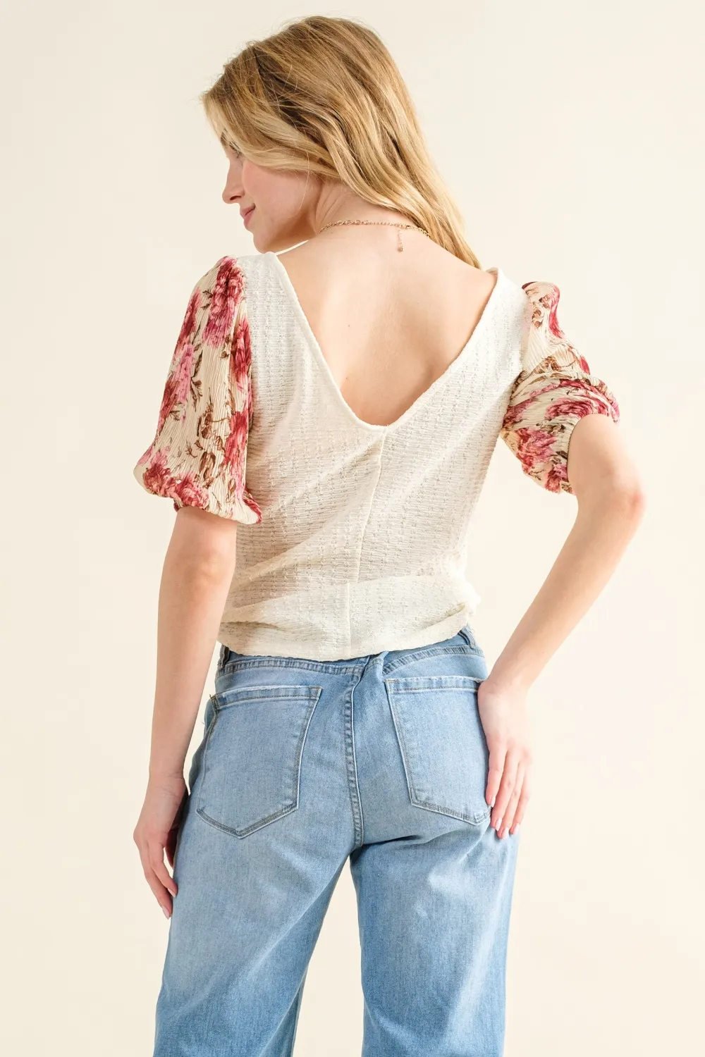 Full Size Floral Print Textured Sleeve Knit Top, image 4