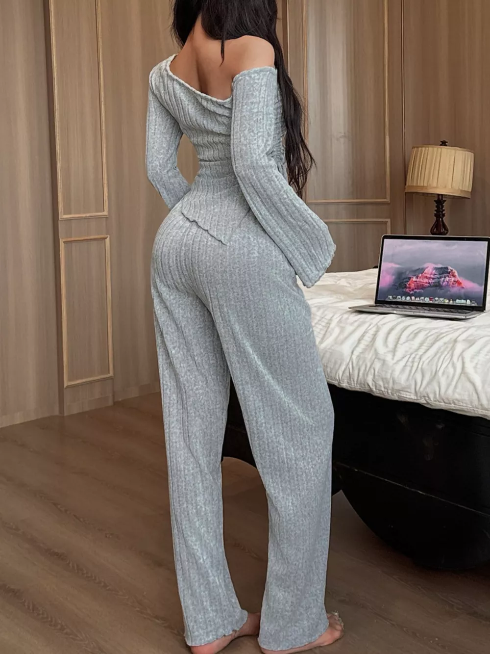 One-Shoulder Ribbed Knit Top and Pants Set, image 9