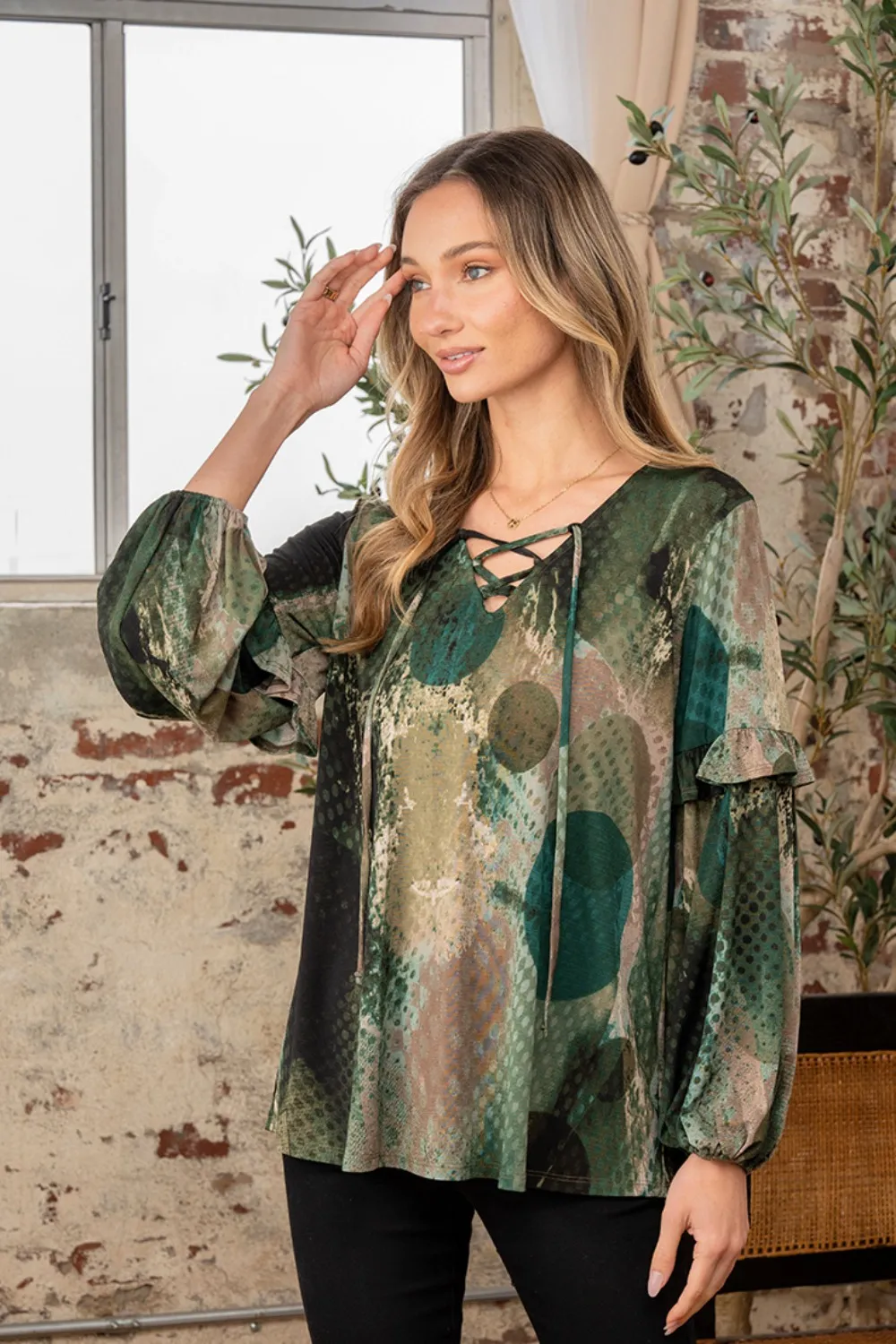 Full Size Snakeskin Print Long Sleeve Top with Ruffle, image 4