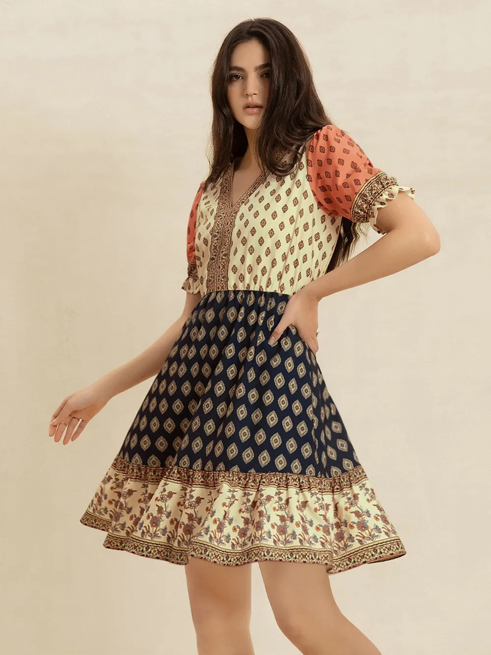 Printed V-Neck Short Sleeve Dress, image 5