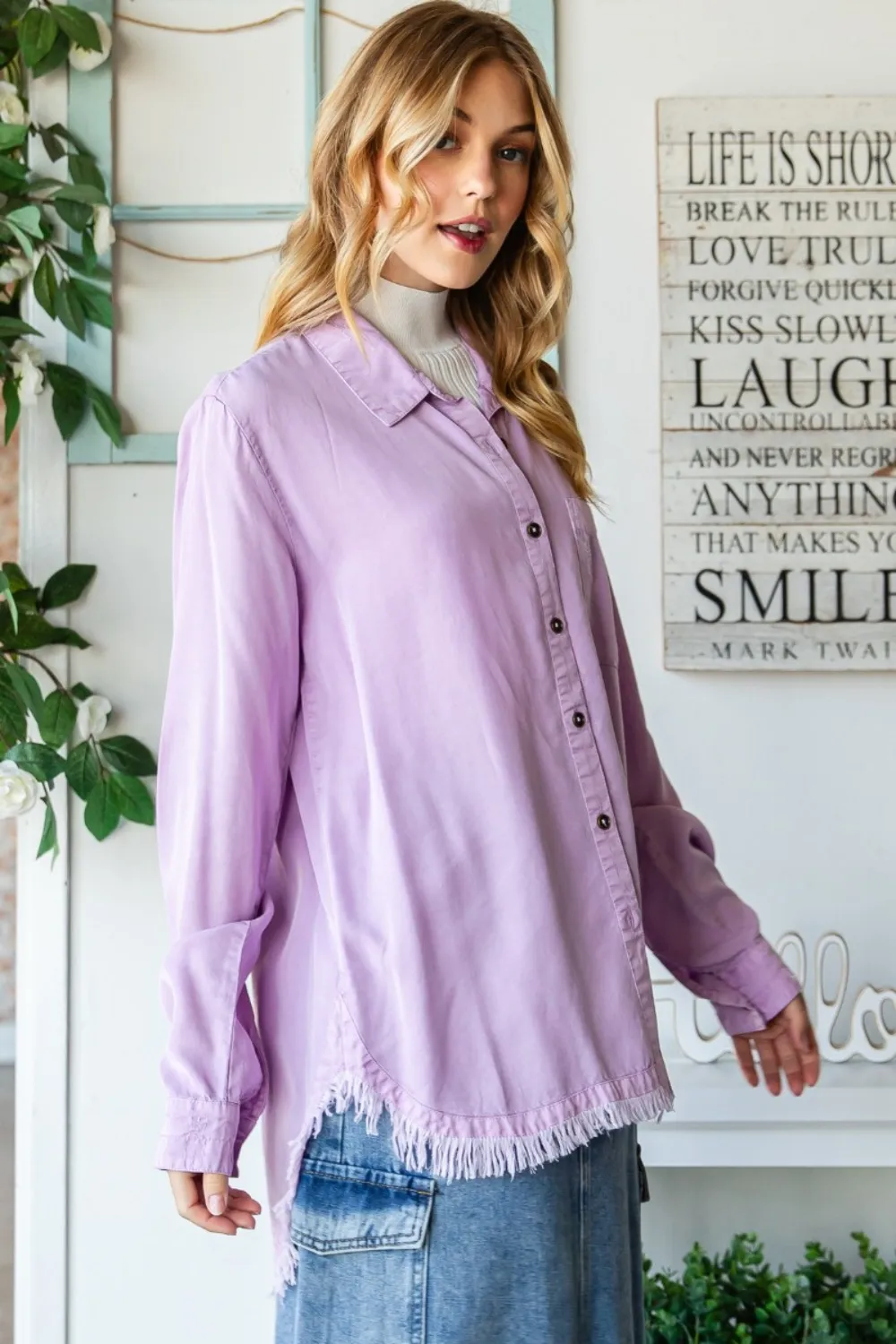 Raw Hem Button Up Long Sleeve Shirt, image 5