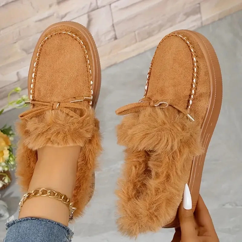 Bow Furry Round Toe Flat Slip-Ons, image 15