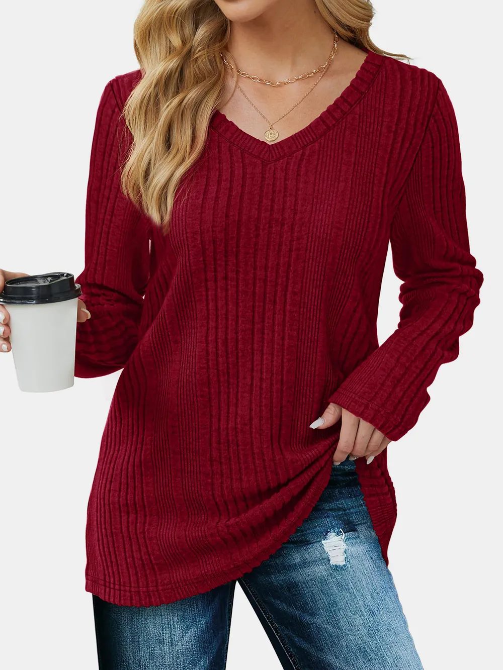 V-Neck Long Sleeve T-Shirt, image 4