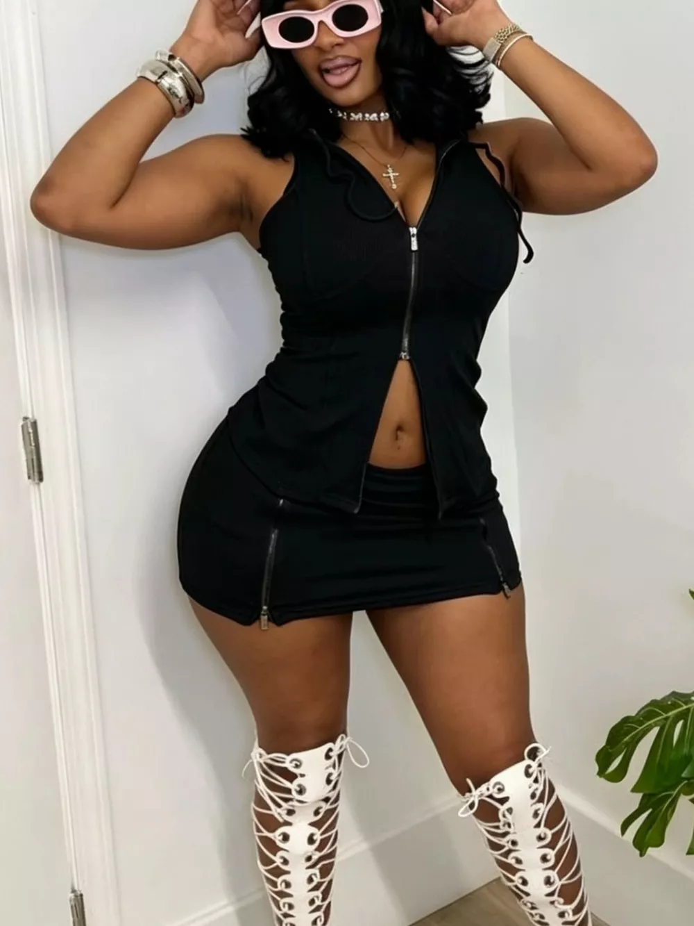 Hooded Zippered Sleeveless Top and Skirt Set, image 4