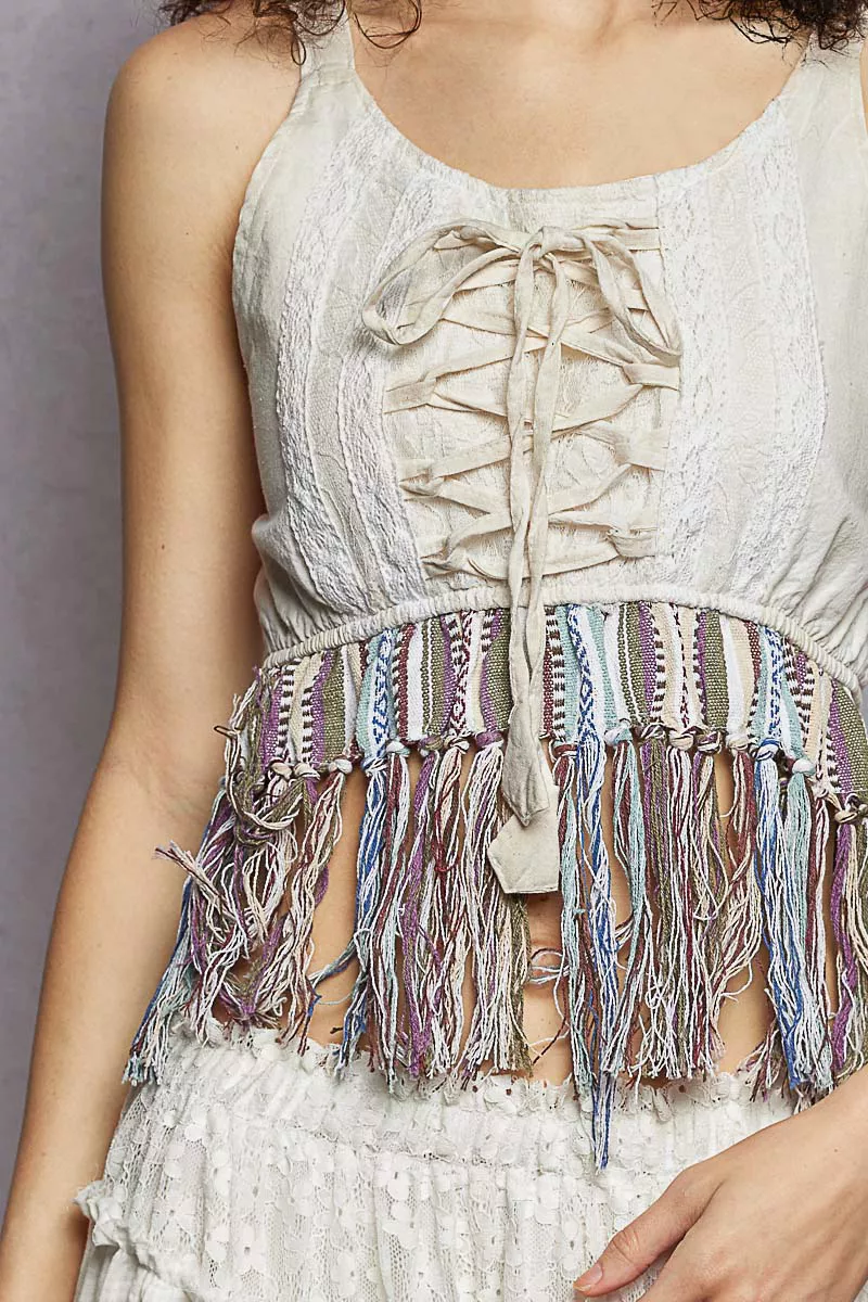 Lace-Up Fringe Hem Tank with Lace Detail, image 6