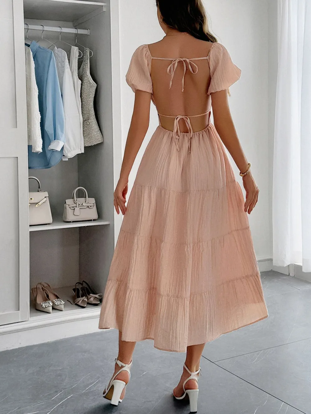 Backless Tiered Puff Sleeve Midi Dress, image 6