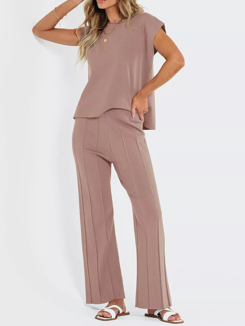 Casual Solid Color Cap Sleeve Top and Pants Knit Set, image 7