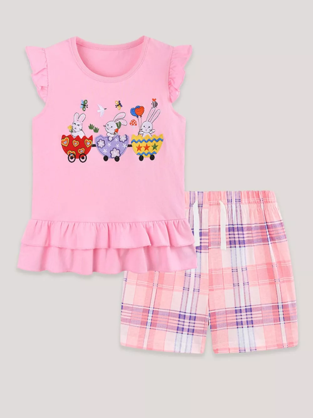 Children's Bunny Train Ruffle Trim Top & Plaid Shorts Set, image 2