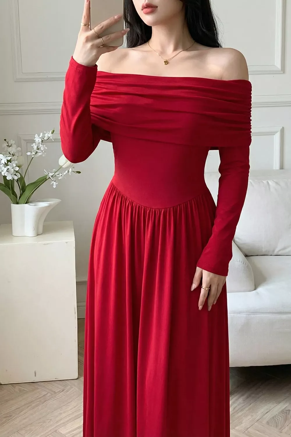 Off-Shoulder Ruched Bodycon Maxi Dress, image 3