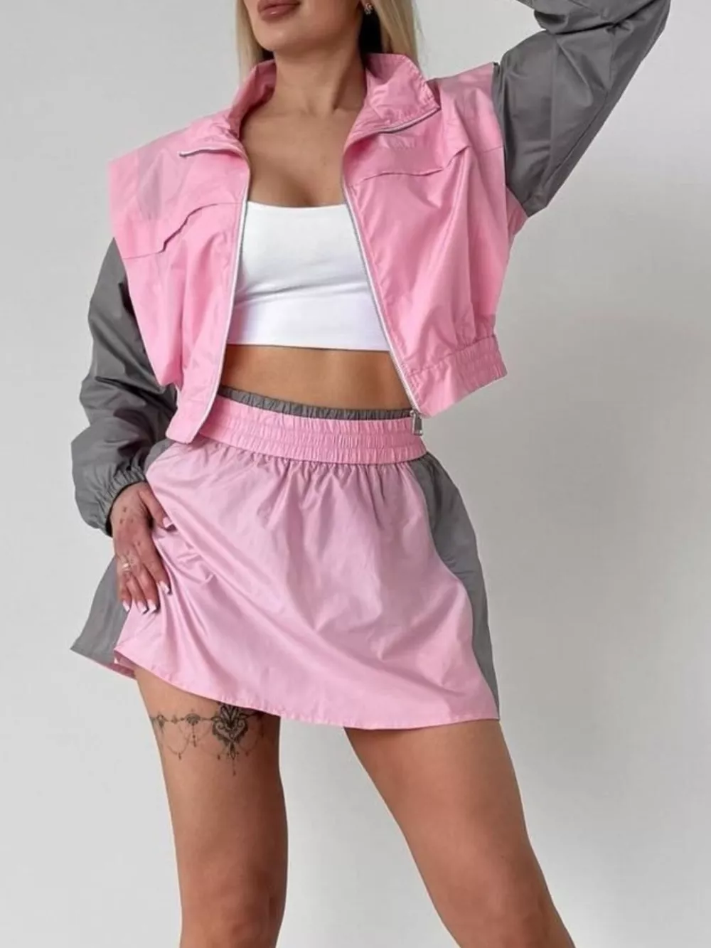 Color-Block Cropped Jacket and Skort Set