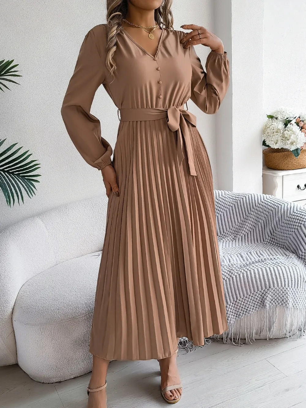 Pleated Tied V-Neck Long Sleeve Dress, image 4