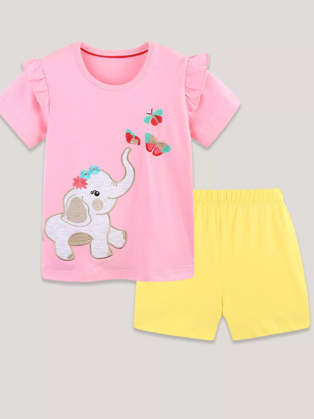 Children's Elephant & Butterfly Embroidered T-shirt and Shorts Set