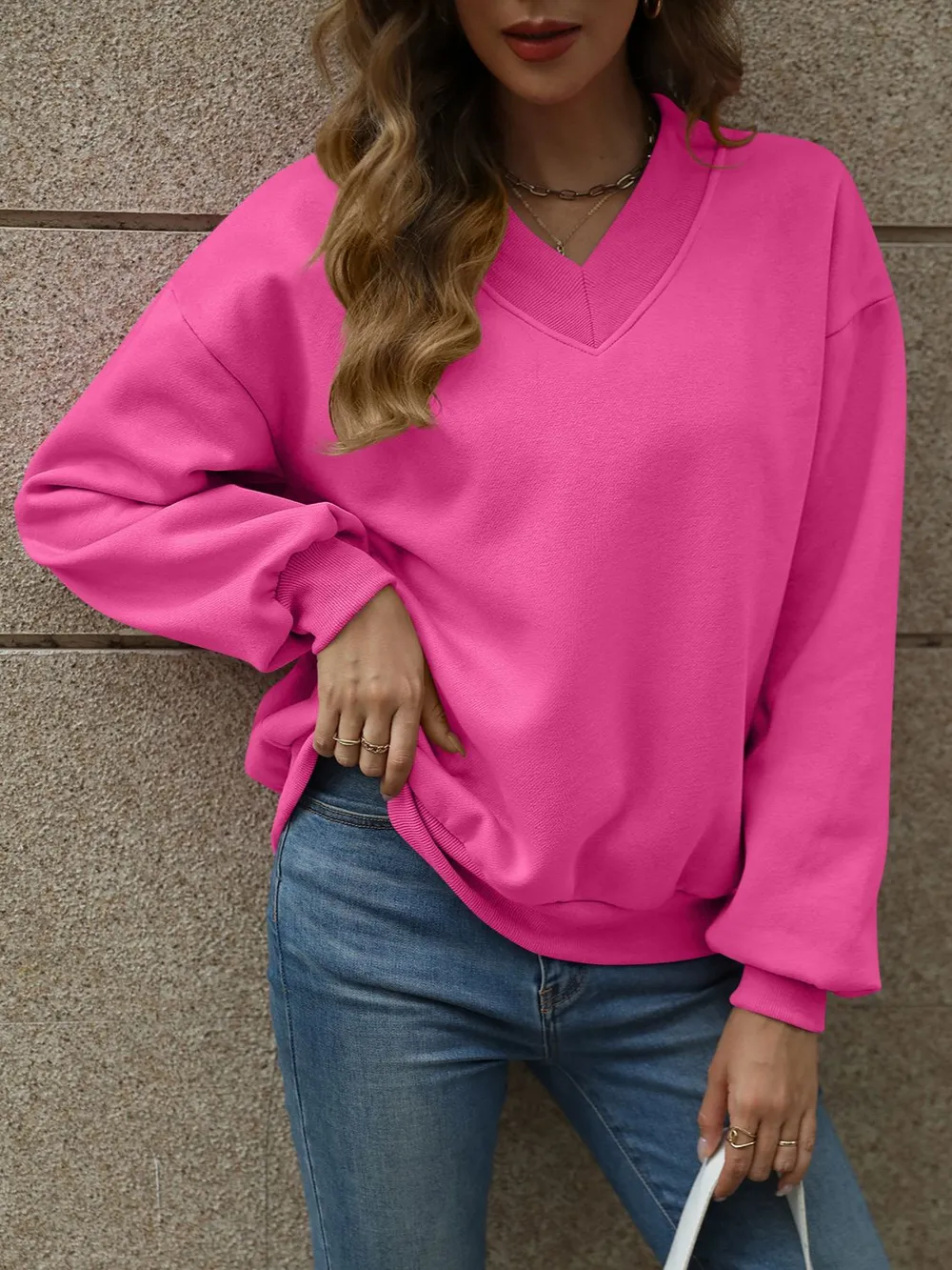 V-Neck Long Sleeve Dropped Shoulder Sweatshirt, image 2