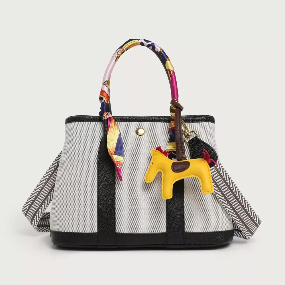 Canvas Handbag with Silk Scarf and Horse Charm, image 8